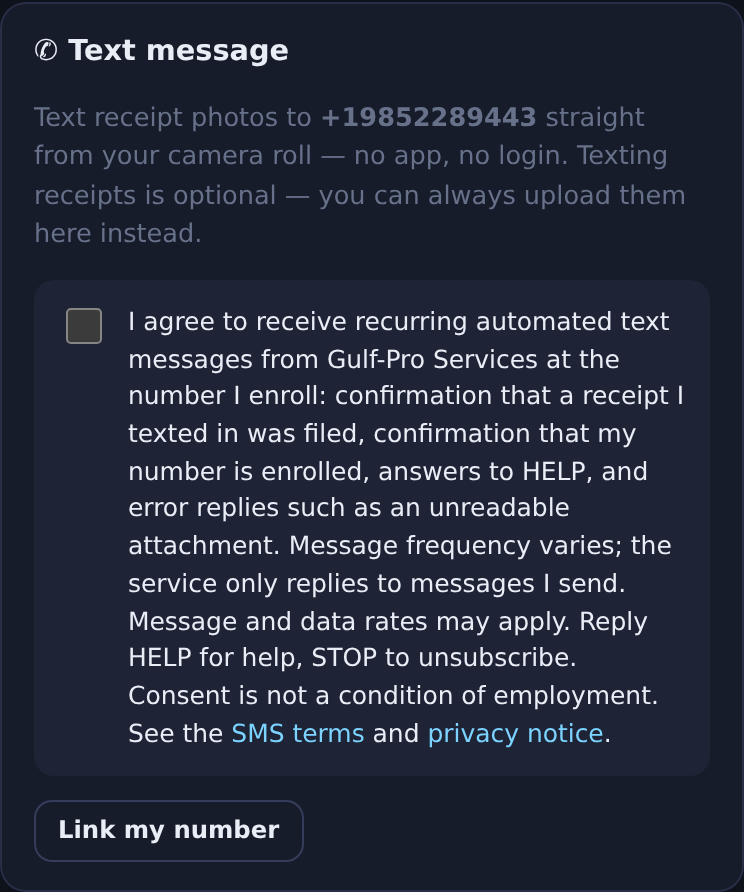 The Text message card on the Capture page: Text receipt photos to +19852289443 straight from your camera roll — no app, no login. Texting receipts is optional. Below it, an unchecked consent check box carrying the disclosure quoted above, then a button labelled Link my number.